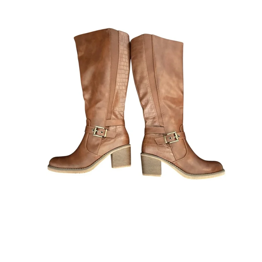 Brown Faux Leather Knee High‎ Boots Women's Buckle Detail Crocodile Embossed